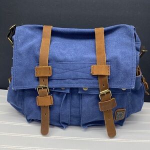 Sechunk Vintage Military Leather Canvas Bag Messenger Bag Blue